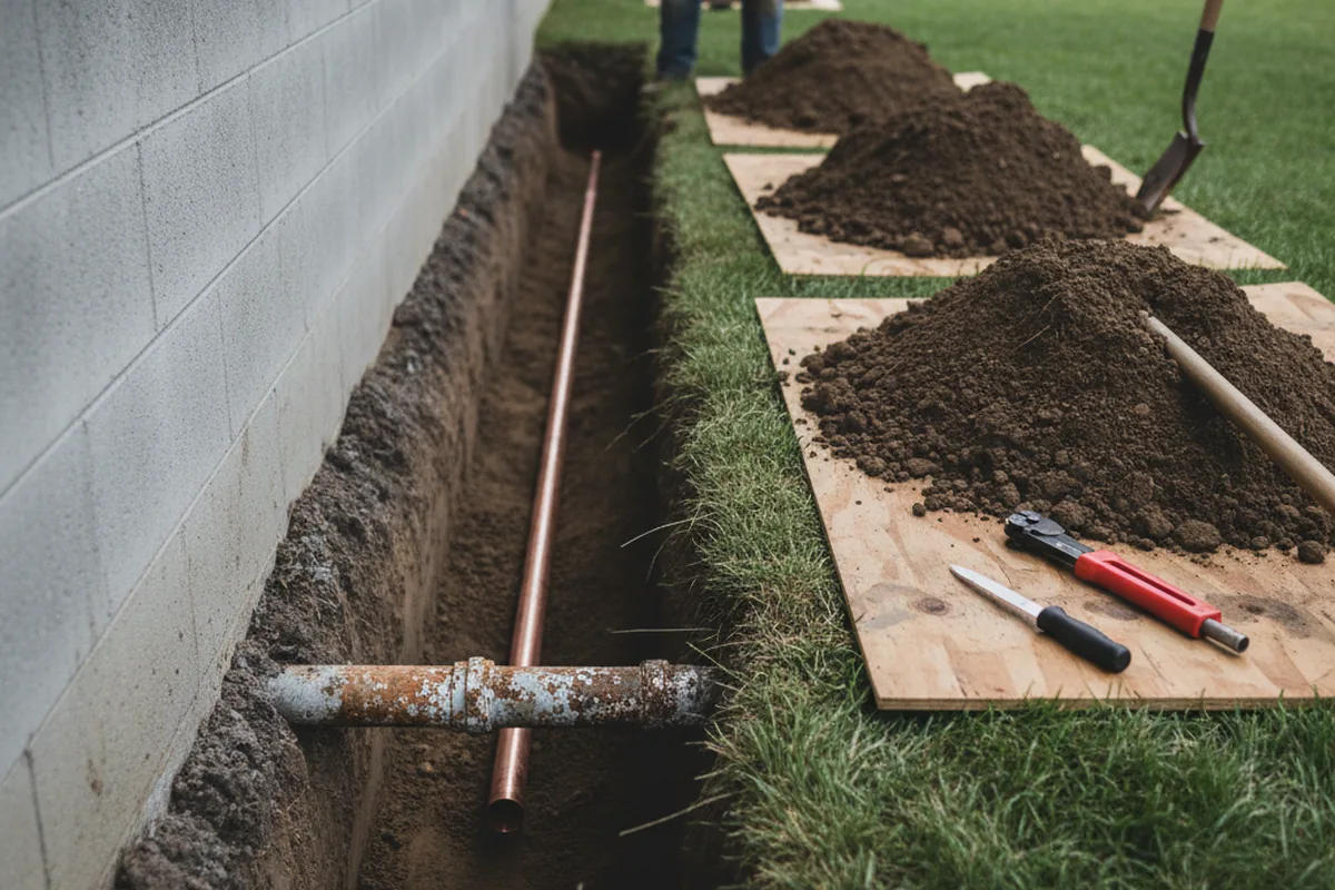 Excavated water line trench during Water Softener Installation in Menlo